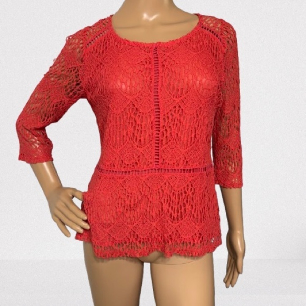 Skies are Blue Coral Lace Lined 1/2 Sleeve Peplum Top Size XS